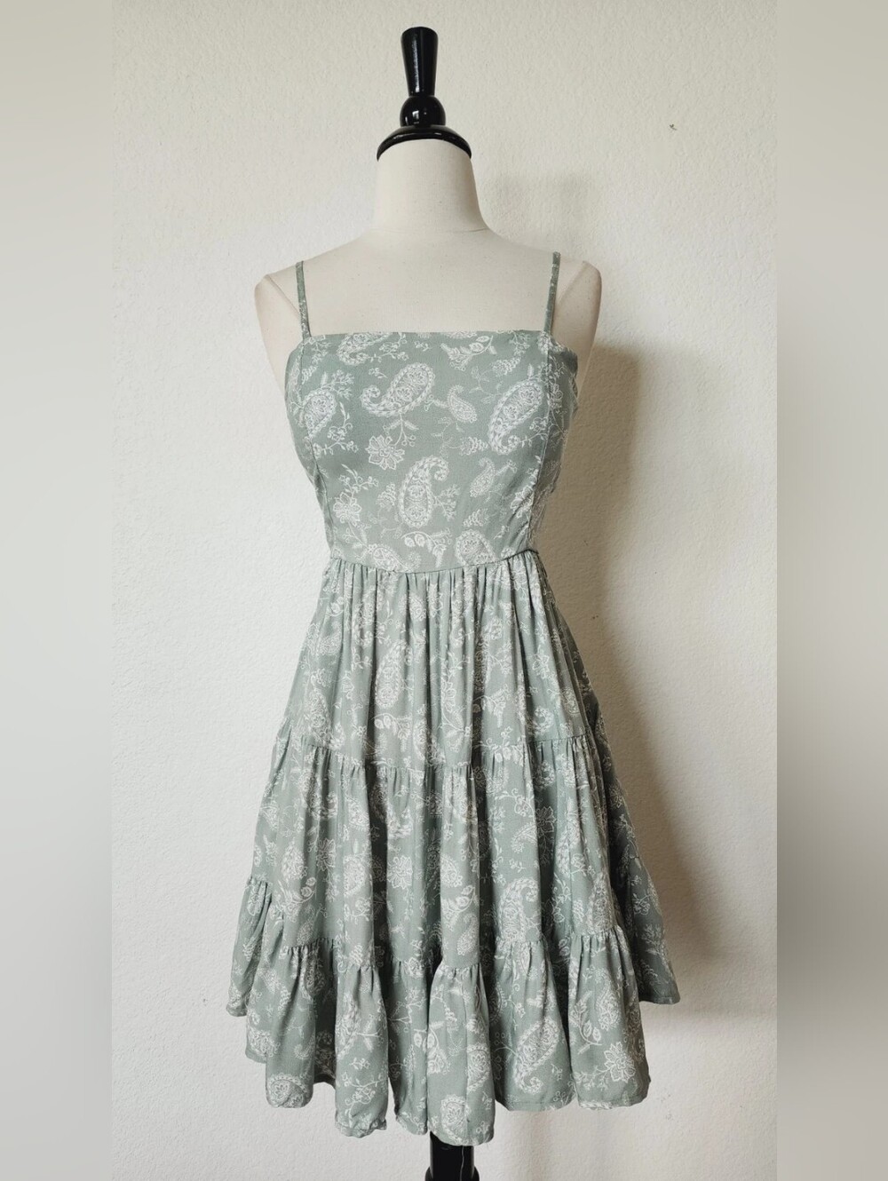 Sage Paisley Tiered Sundress with Spaghetti Straps